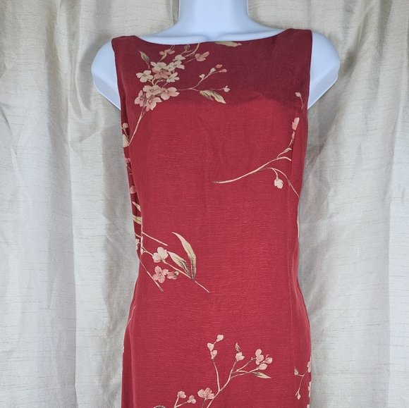 Jones New York red tan pink floral silk linen sheath dress Womens 14 - Picture 7 of 8